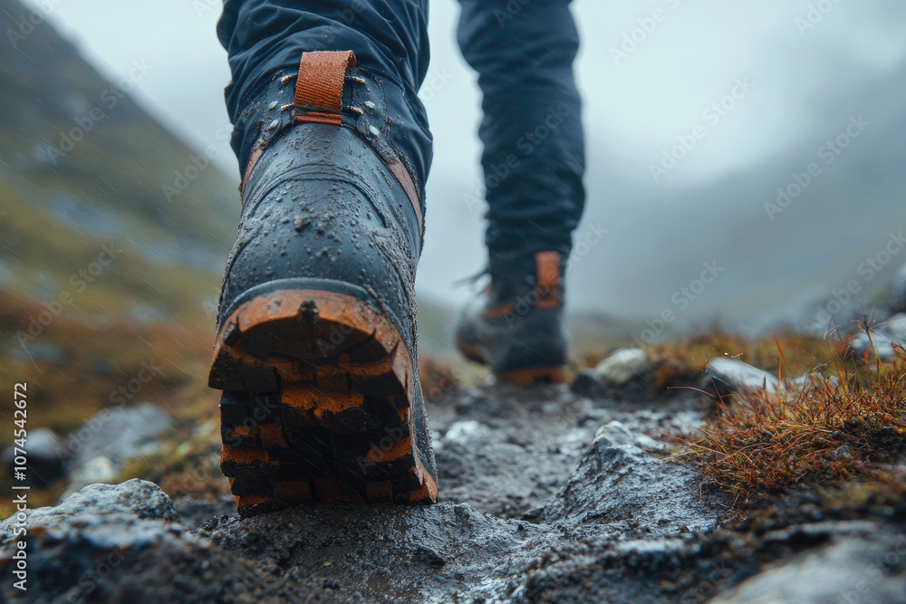 Close-up of a muddy hiking boot on a wet trail Close-up of a muddy hiking boot on a wet trail