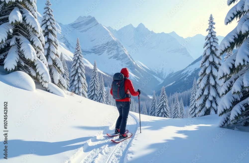 A person in a red jacket explores a snowy trail while surrounded by tall evergreen trees and distant peaks A person in a red jacket explores a snowy trail while surrounded by tall evergreen trees and distant peaks