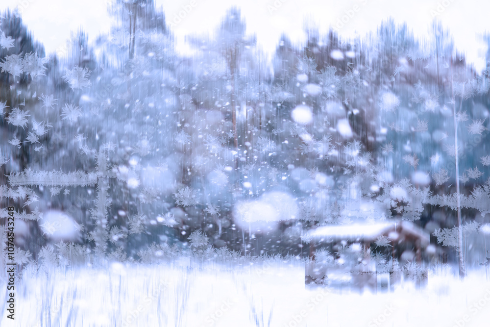 Fototapeta premium Winter landscape through a frozen window. Blurred snow background. Trees and plants covered with snow.