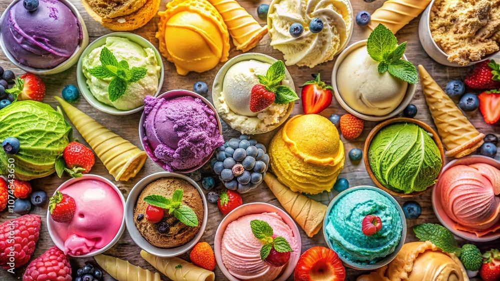 Stunning Drone Photography of a Colorful Ice Cream Combination Showcasing Fresh Textures and Light Colors, Perfect for Wallpaper Inspiration and Design Projects Stunning Drone Photography of a Colorful Ice Cream Combination Showcasing Fresh Textures and Light Colors, Perfect for Wallpaper Inspiration and Design Projects
