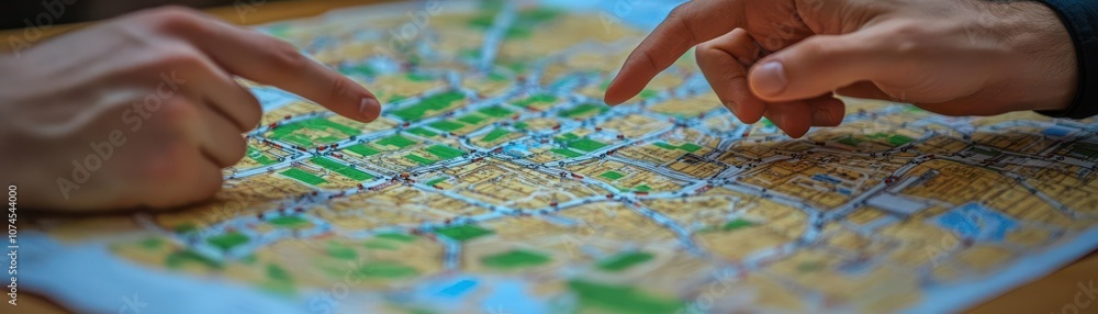 Close-up of hands pointing at exit routes on evacuation map, business planning session, high-detail realism Close-up of hands pointing at exit routes on evacuation map, business planning session, high-detail realism