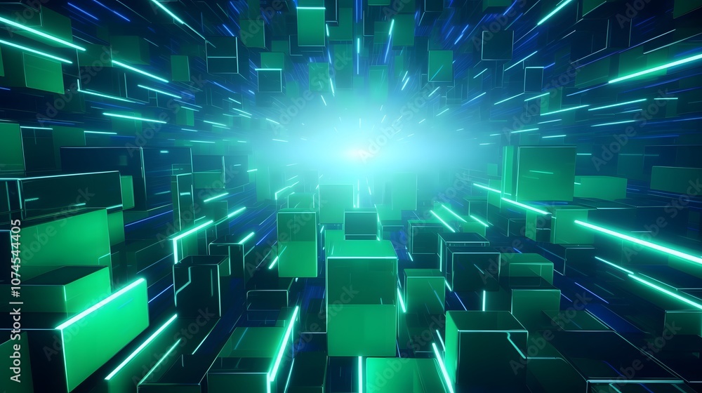 Obraz premium 3d rendering of mind green and blue abstract geometric background. Scene for advertising, technology, showcase, banner, game, sport, cosmetic, business, metaverse. Sci-Fi Illustration. Product displa
