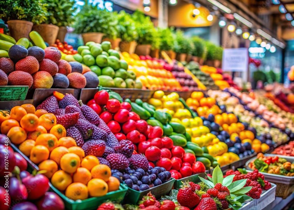 Stunning High Depth of Field Image Focusing on a Colorful Array of Fresh Fruits in a Vibrant Market Setting with Soft Background and Natural Light for Culinary Inspiration Stunning High Depth of Field Image Focusing on a Colorful Array of Fresh Fruits in a Vibrant Market Setting with Soft Background and Natural Light for Culinary Inspiration