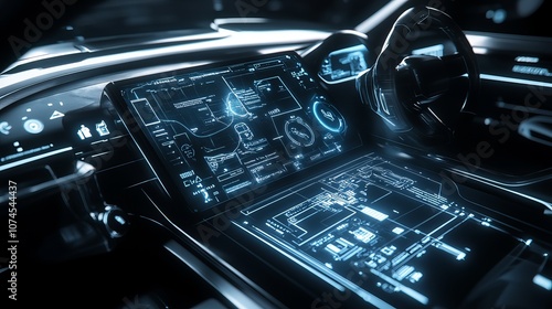 Wireframe model of a modern car with a hightech user interface in a dark environment front view 3D illustration