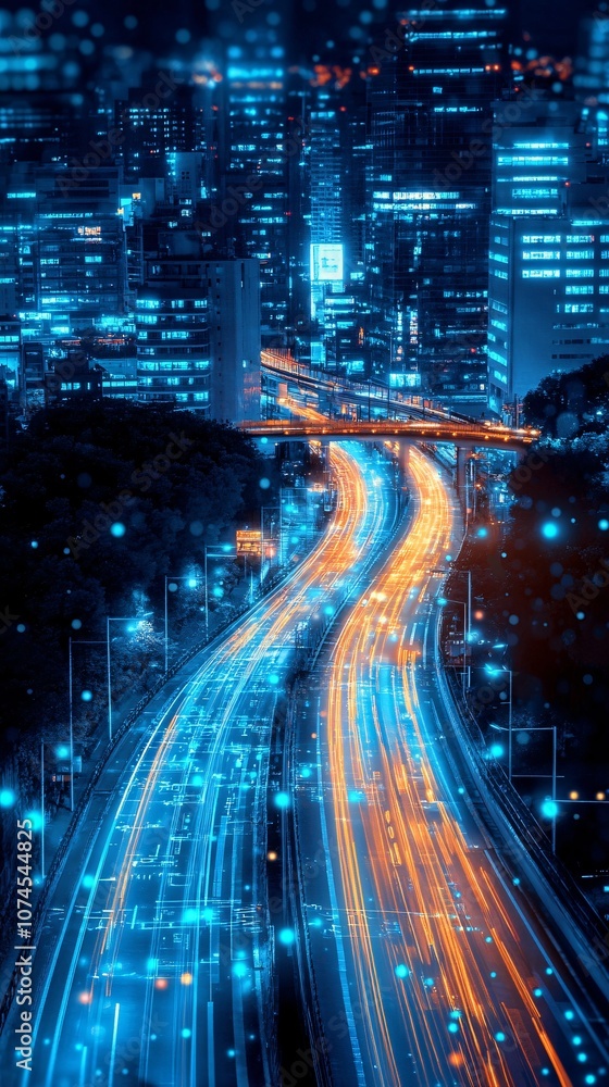 Obraz premium An aerial view of smart traffic management systems in a city with digital interfaces highlighting advancements in urban planning technology with side empty space for text Stockphoto style