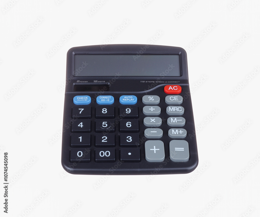 Black calculator isolated on white. Office stationery Black calculator isolated on white. Office stationery