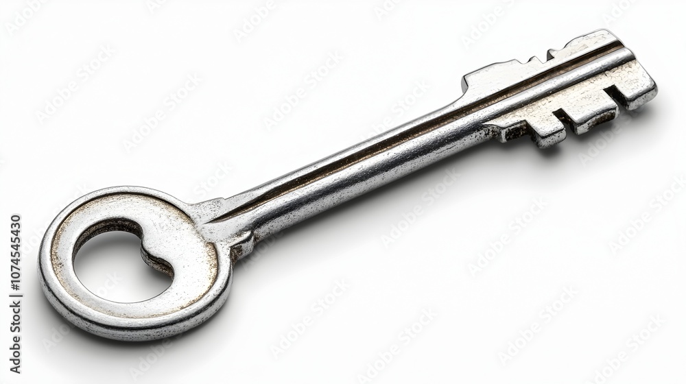 Close-up view of a single metallic key with a shiny,chrome-like finish against a plain white background. The key appears to be a standard household or car key,conveying concepts of security. Close-up view of a single metallic key with a shiny,chrome-like finish against a plain white background. The key appears to be a standard household or car key,conveying concepts of security.