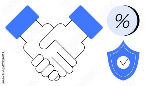 Business handshake representing partnership and agreement with percentage sign and shield with checkmark for security. Ideal for business deals, finance, trust, collaboration, protection, agreement