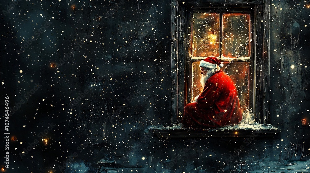 Santa Claus sitting by a snow covered window his red suit glowing softly in the candlelight as he looks out at the winter wonderland on Christmas Eve The cozy Santa Claus sitting by a snow covered window his red suit glowing softly in the candlelight as he looks out at the winter wonderland on Christmas Eve The cozy