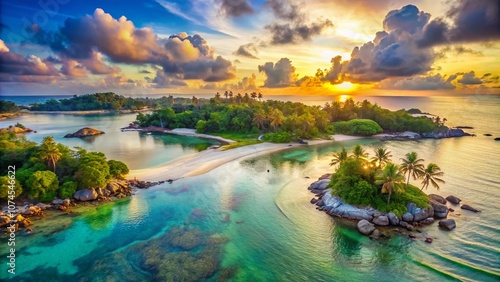 Stunning Panorama of Bintan Island at Trikora Beach During Low Tide: A Serene Landscape with Bokeh Effect Capturing the Beauty of Indonesia's Coastal Wonders photo