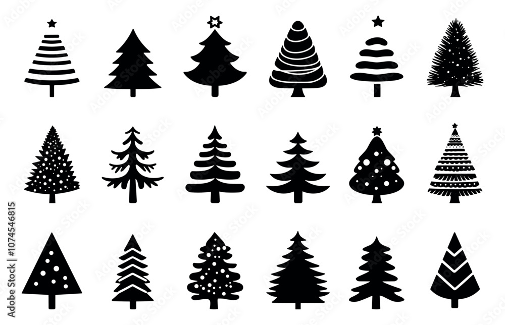 Obraz premium Christmas tree black icons set. Silhouettes of Evergreen trees with and without decor. simple shapes minimalism. web app new year element. Black and white simple flat style. Isolated vector on white