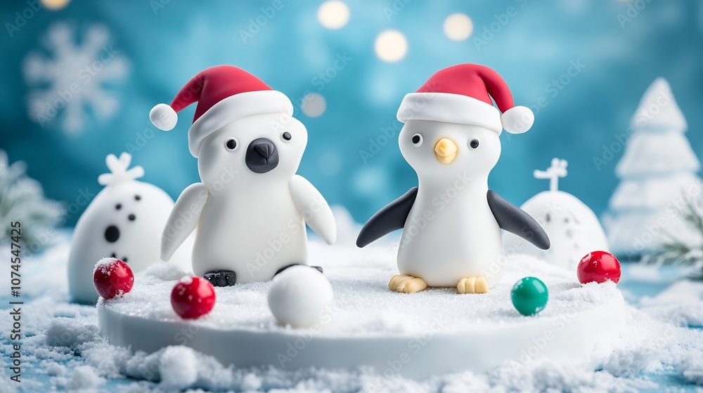 Whimsical and charming winter scene featuring cartoon polar bear and penguin characters wearing festive Santa hats surrounded by mini igloos snowballs and a cozy snowy holiday atmosphere Whimsical and charming winter scene featuring cartoon polar bear and penguin characters wearing festive Santa hats surrounded by mini igloos snowballs and a cozy snowy holiday atmosphere