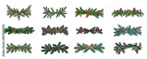 Christmas tree branch border set. Fir tree with cones and red berries. Text divider. Holiday winter festive decoration design element. Holly fest symbol. Cartoon style isolated vector clipart
