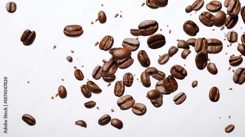 Obraz premium A bunch of coffee beans and falling coffee beans on a white background 