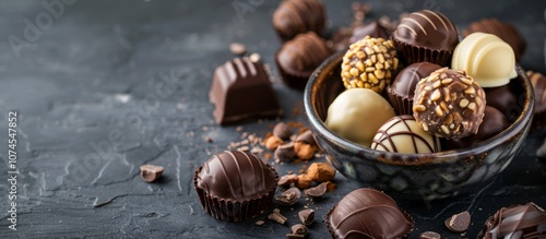 Assorted chocolates in a bowl on a gray table and a place for text