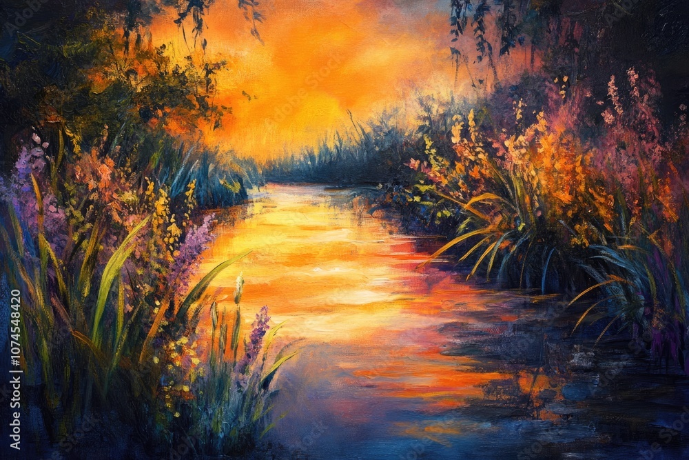 An Impressionist Oil Painting of a River at Sunset with Lush Vegetation An Impressionist Oil Painting of a River at Sunset with Lush Vegetation