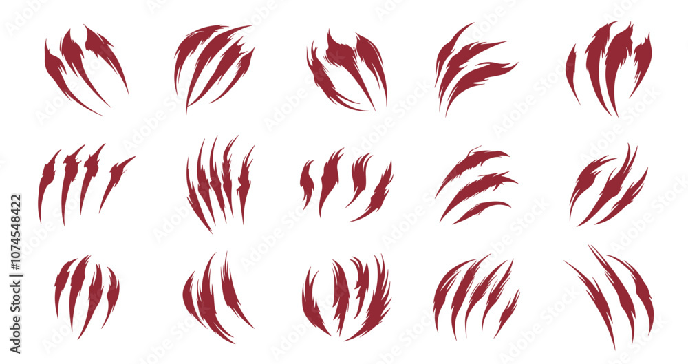 Fototapeta premium Claw scratches set. Shred from animal claw. Bloody scar marks signs. Halloween monster, lion, tiger, bear paw trace. Scary spooky poster sticker. Red color simple flat style isolated vector on white