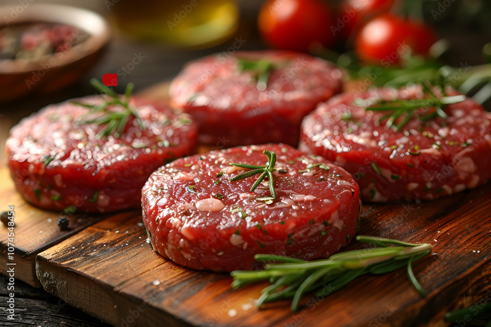Raw Ground beef meat Burger steak cutlets on wooden background Raw Ground beef meat Burger steak cutlets on wooden background