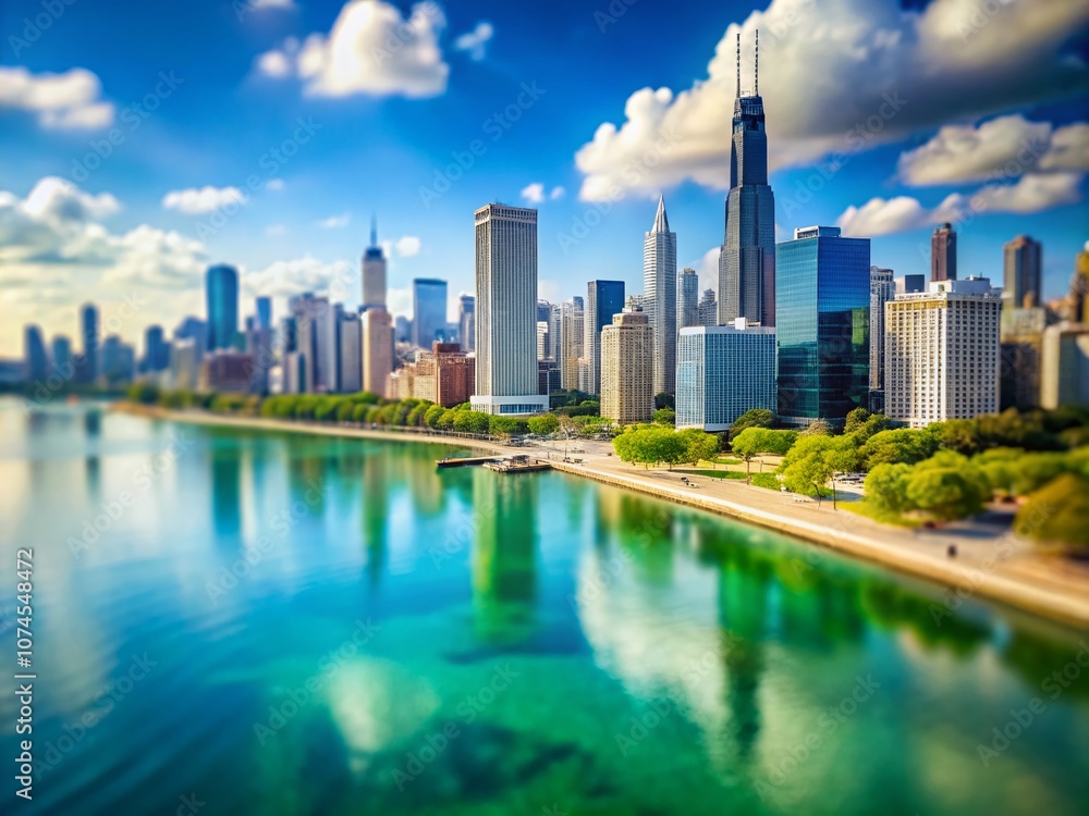 Stunning Tilt-Shift Photography of Chicago's Lakefront with City Buildings Reflected in Serene Waters, Capturing Urban Beauty and Tranquility in a Unique Perspective Stunning Tilt-Shift Photography of Chicago's Lakefront with City Buildings Reflected in Serene Waters, Capturing Urban Beauty and Tranquility in a Unique Perspective