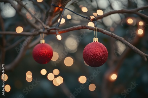 A pair of bright red decorations suspended from the branches of a tree photo