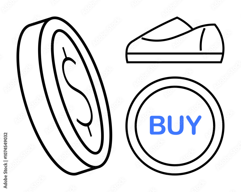 Coin with dollar sign, buy button with blue text, and outline of shoe. Ideal for e-commerce, retail, finance, digital payments, marketing, consumer behavior, shopping. Line metaphor Coin with dollar sign, buy button with blue text, and outline of shoe. Ideal for e-commerce, retail, finance, digital payments, marketing, consumer behavior, shopping. Line metaphor