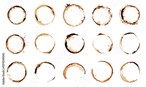 Coffee cup stains set. Top view. Dirty brown round print from the cup. Menu coffee shop frame decoration design element. Circular drops and spots. Cartoon style isolated vector clipart collection