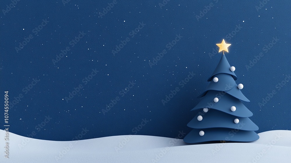 Minimalist Blue Christmas Tree with Star Ornament Set Against a Night Sky Background and Snowy Landscape for Festive Celebrations and Holiday Themes Minimalist Blue Christmas Tree with Star Ornament Set Against a Night Sky Background and Snowy Landscape for Festive Celebrations and Holiday Themes