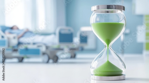 Hourglass Symbolizing Urgency in Hospital Room An hourglass with green sand in a hospital room, symbolizing the critical nature of time in healthcare and patient care