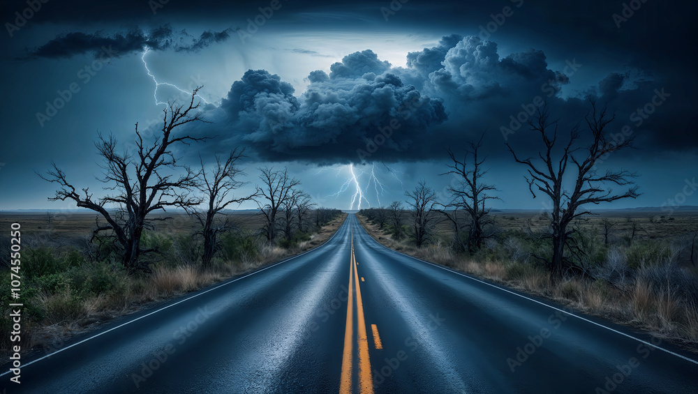Fototapeta premium 嵐を前にした孤独な道が荒れ狂う空と共に迫力あるドラマチックな風景を描く。生成AI