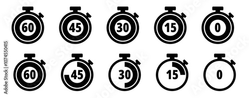 Stopwatch icon set. Line and glyph stopwatch timer. Countdown timer collection.