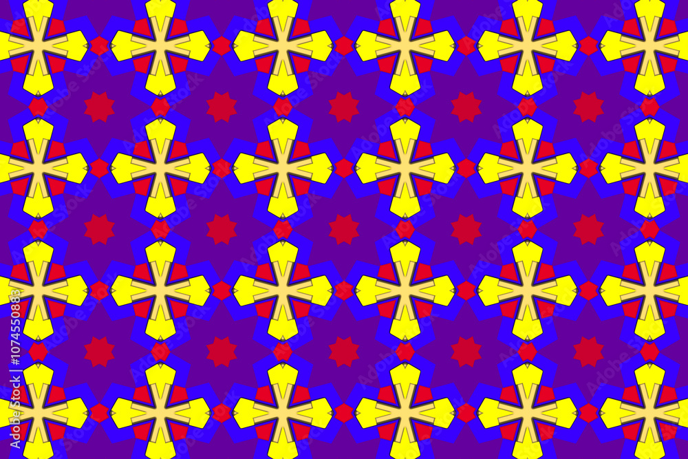 Colorful geometric pattern with vibrant stars and crosses on a blue background Colorful geometric pattern with vibrant stars and crosses on a blue background