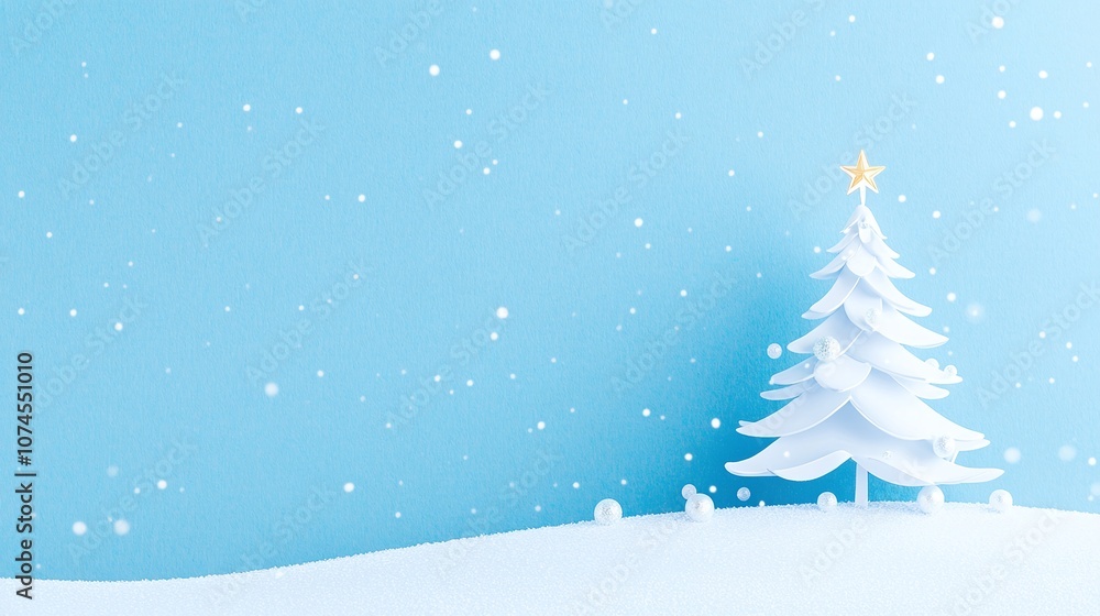 Serene Winter Wonderland with a Minimalist White Christmas Tree Against a Soft Blue Background Featuring Delicate Snowflakes and a Touch of Glittering Magic Serene Winter Wonderland with a Minimalist White Christmas Tree Against a Soft Blue Background Featuring Delicate Snowflakes and a Touch of Glittering Magic