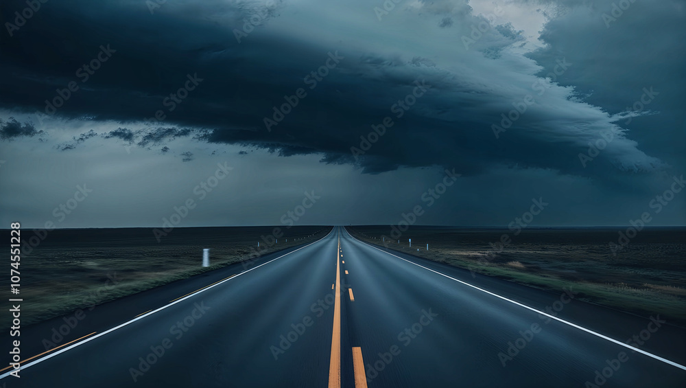 Fototapeta premium 嵐に向かって続く暗い道が、不安と孤独感を強調する風景として表現される。生成AI
