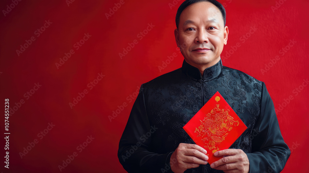 Senior Asian man in traditional attire holding a red envelope for Chinese New Year celebration Senior Asian man in traditional attire holding a red envelope for Chinese New Year celebration