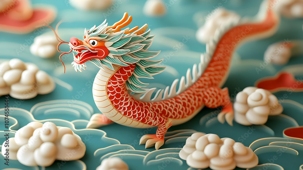 Fototapeta premium 3D Illustration of a Red and Green Dragon with Clouds on a Teal Background