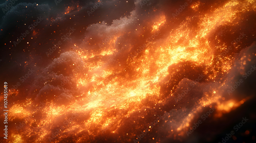 Naklejka premium Dramatic and captivating image of a fiery cosmic explosion with intense flames,billowing smoke,and sparks in a dark,cosmic setting. The scene is and mesmerizing.