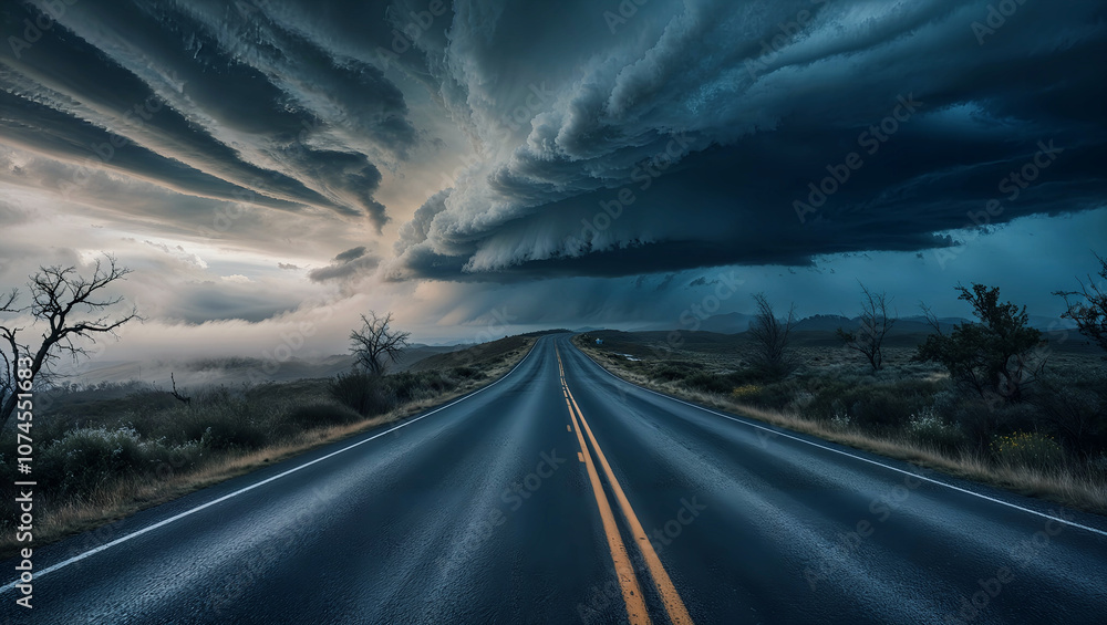 Fototapeta premium 不気味な嵐に向かう道が暗雲に包まれ、力強く印象的な風景として描かれる。生成AI
