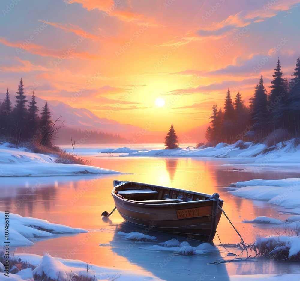 Illustration of frozen lake with boat in winter season. Illustration of frozen lake with boat in winter season.