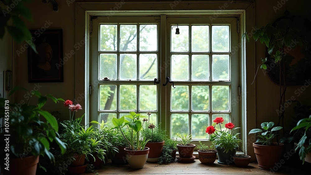 Cozy rustic indoor space scene, garden-like and distressed-window Cozy rustic indoor space scene, garden-like and distressed-window