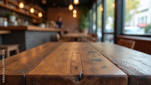 Cozy modern cafeinterior, wooden table, rustic finish, vintage feel photo