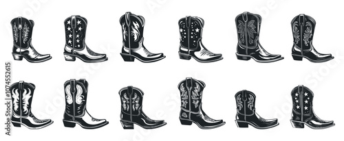 Cowgirl boot set. Side view. Stylish footwear for woman western female fashion. Black and white monochrome footgear graphic. Simple flat vector style. Isolated clipart collection on white background
