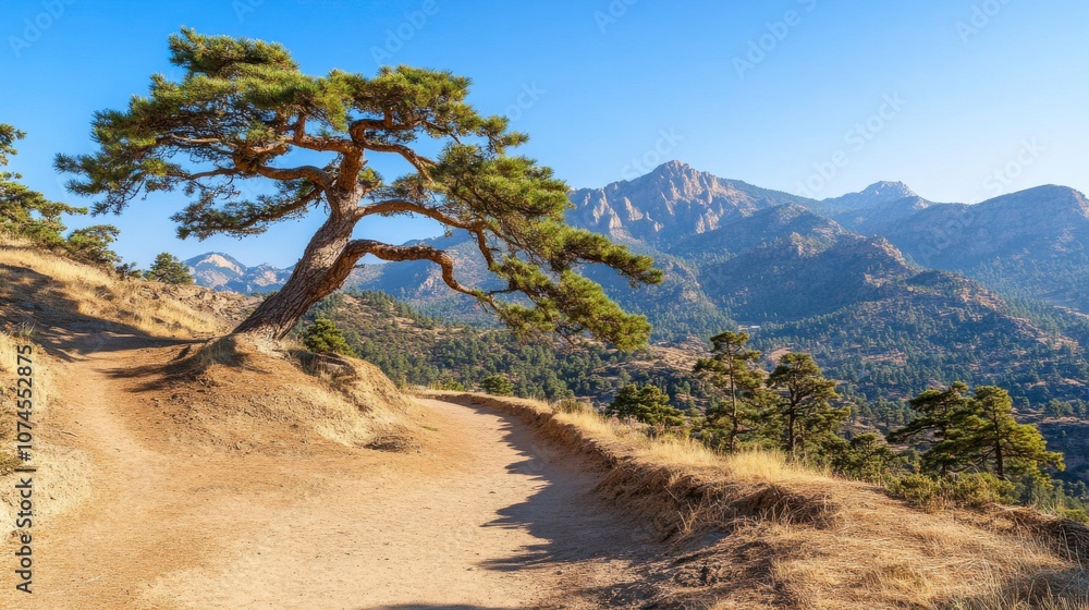 Scenic mountain path with a solitary tree. Scenic mountain path with a solitary tree.