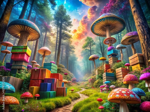 Surreal DVD Boxes in an Enchanted Forest: A Dreamlike Exploration of Colorful Disks and Whimsical Surroundings photo