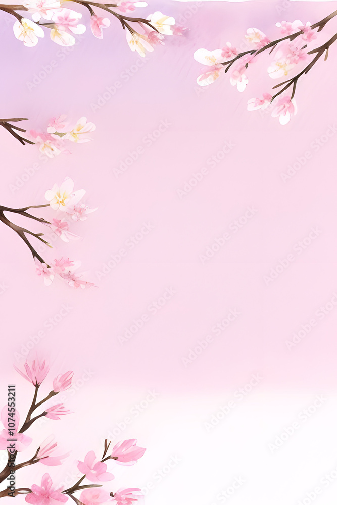 Obraz premium water color painting of Horizontal banner with sakura flowers of pink color on sunny backdrop. Beautiful nature spring background with a branch of blooming sakura. Sakura blossoming season in Japan