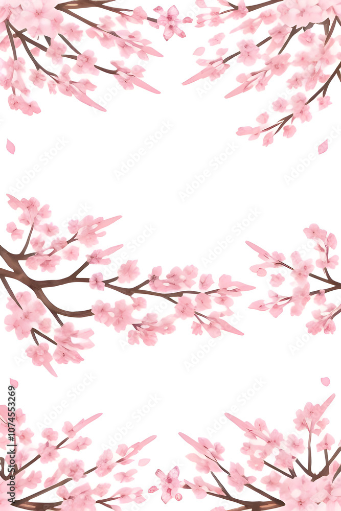 Fototapeta premium water color painting of Horizontal banner with sakura flowers of pink color on sunny backdrop. Beautiful nature spring background with a branch of blooming sakura. Sakura blossoming season in Japan
