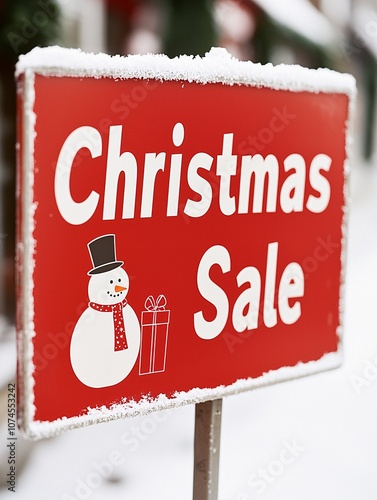 A large red â€œChristmas Saleâ€ sign with a snowman and gift boxes, promoting discounts on all products during the holiday season. photo