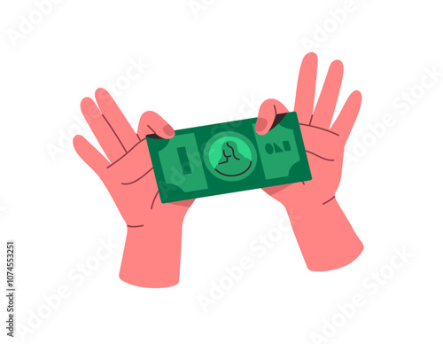 Human hands hold cash money, pays. Person saves up dollar bills, green banknotes. Concept of financial literacy and currency savings, earnings. Flat isolated vector illustration on white background