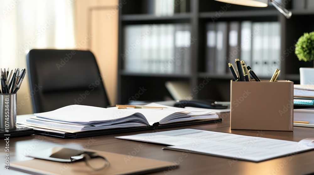 Employment law attorney consulting with client, organized desk, legal documents in view, Employment law attorney consulting with client, organized desk, legal documents in view,