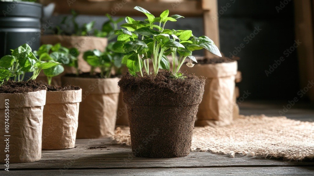 Environmentally friendly plant care setup with compostable materials, indoor decor, Environmentally friendly plant care setup with compostable materials, indoor decor,