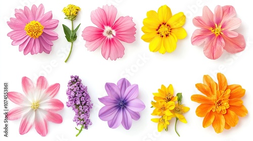 Vibrant floral collection showcasing diverse petals and blossoms on white background